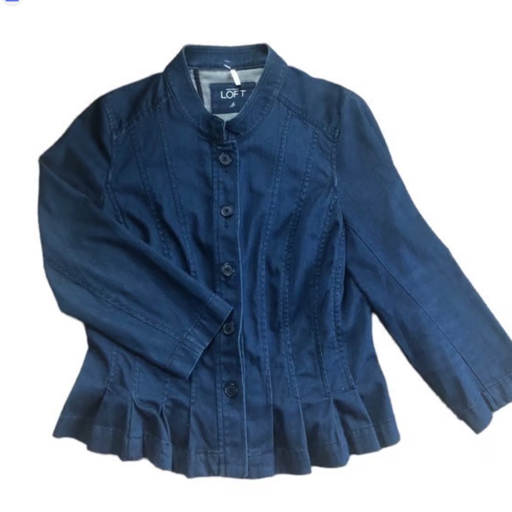 Loft Denim Jean Jacket Blazer Women’s Size 2 Stretch Peplum 3/4 Sleevep